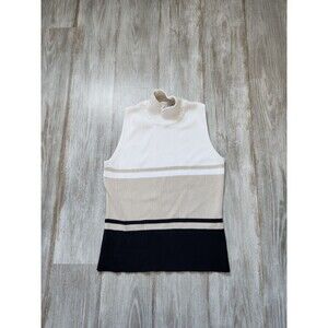 Casual Corner Annex Petite Sleeveless Sweater Mock Neck Blue Tan White Sz P